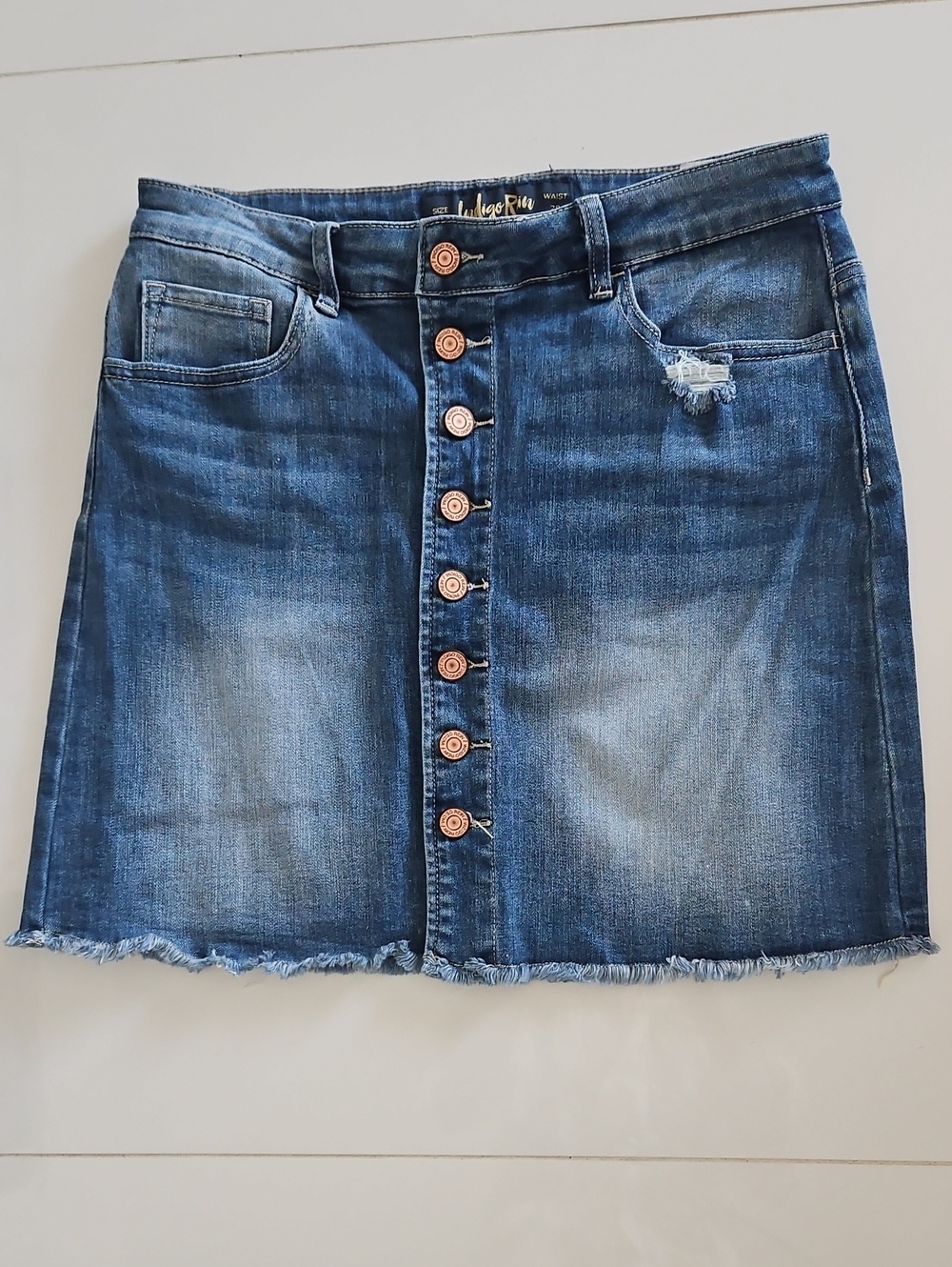 Indigo Rein Distressed Button-Front Denim Mini Skirt in Blue
